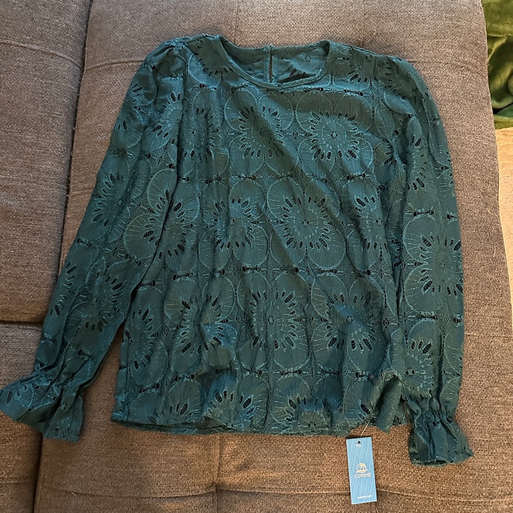 Cupshe Teal Floral Lace Blouse